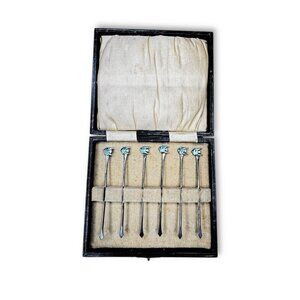English Sterling Silver Fish Cocktail Picks Set of 6 Boxed Birmingham Lion